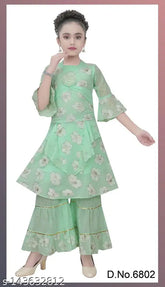 Colorblocked cotton blend kurta set for kids (3-4, 4-5, 5-6, 6-7, 8-9 years), ethnic Indian A-line palazzos